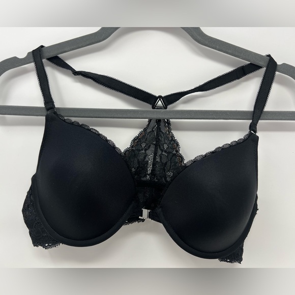 Adore Me Solid Black Stretch Floral Lace T-Back Front Closure Bra 36C - Picture 1 of 10